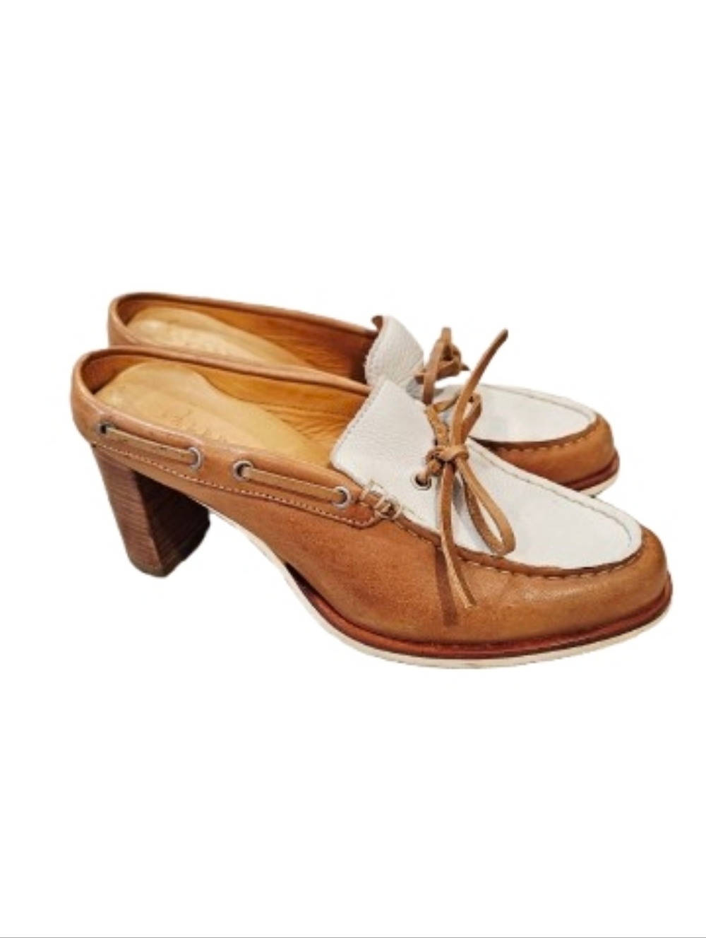 Ralph Lauren Leather Mule Heels Size 6B Brown White Loafer Slides Made in Brazil